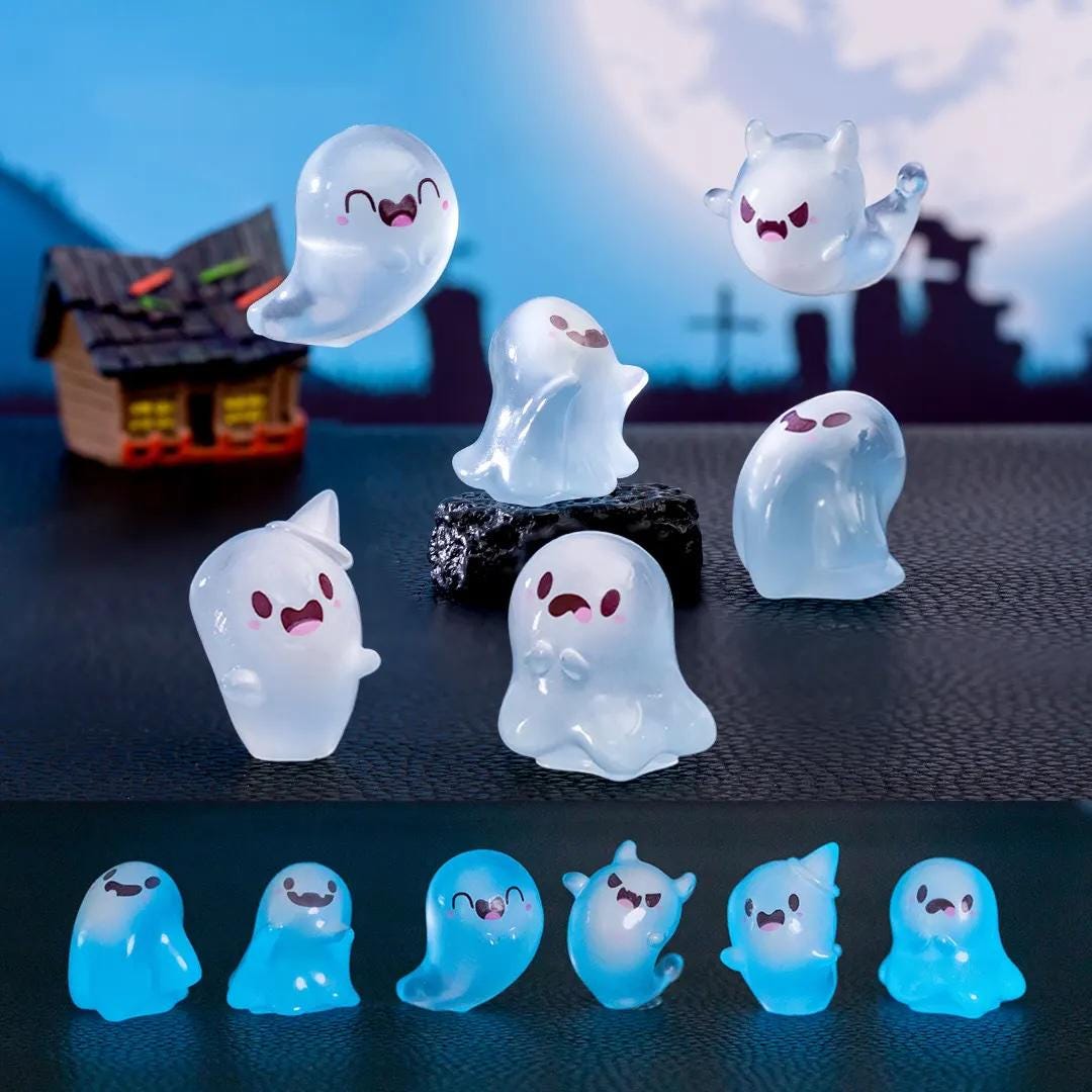 Set Of 6 Ghosts -  Glow-In-The-Dark Forest Spirits Miniature - Elf Figure Ghost Fairy Garden Plant - Kodama Family Set